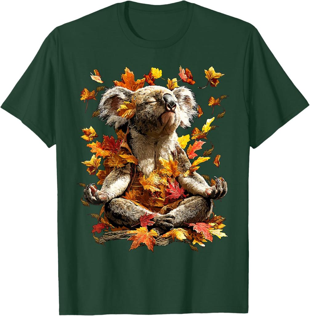 Meditating Koala Autumn Leaves Graphic Tee Men Women Casual Soft Cotton T-Shirt