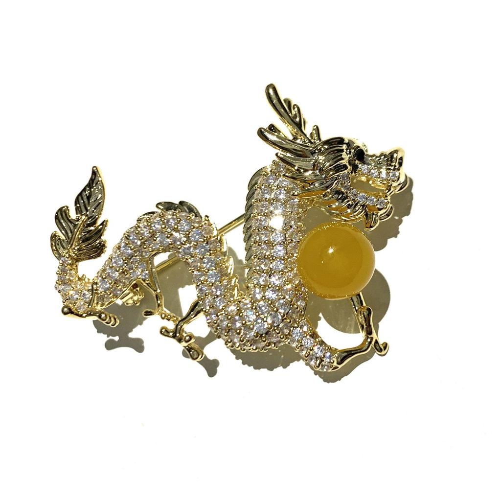 Exquisite Zodiac Dragon Brooch with Zircon and Pearl