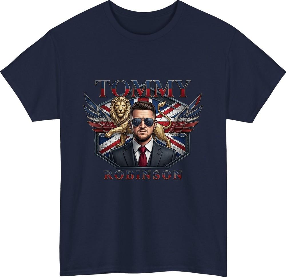 Tommy robinson union jack tshirt lion crest british politics patriotic gift top S