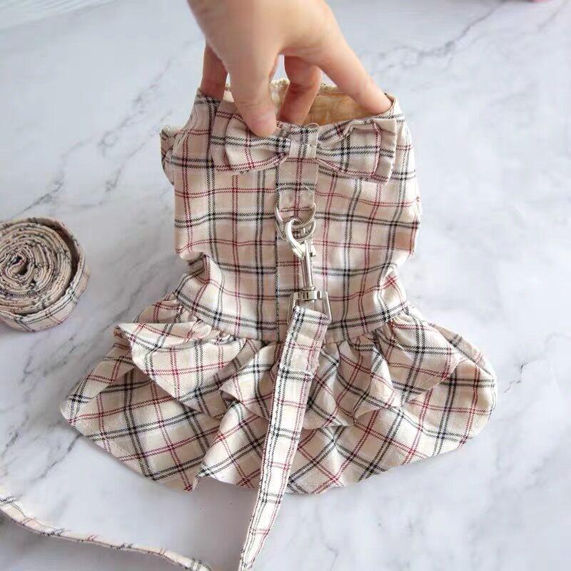 Summer Pet Princess Plaid Skirt Sweet Bowknot Dog Dress With Leash Set Chihuahua French Bulldog Yorkshire Cute Puppy Costume