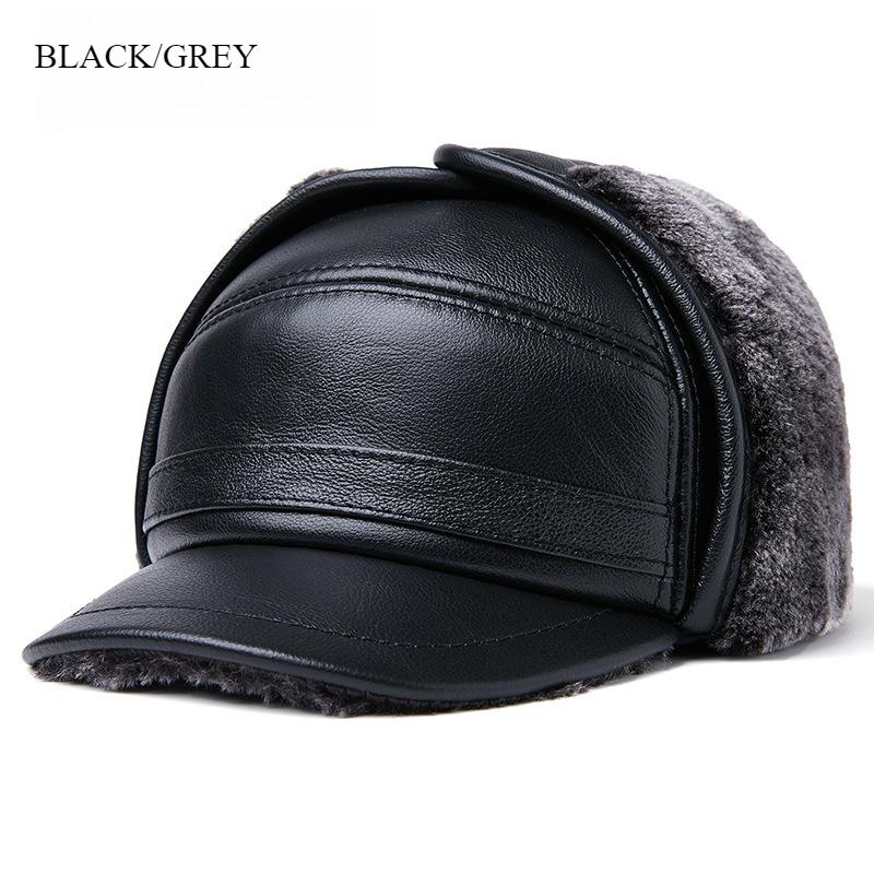 Men Genuine Leather Winter Hat Thick Warm Trapper Cap with Fur Ear Flaps Outdoor Windproof Bomber Aviator Hat Brown for Elderly