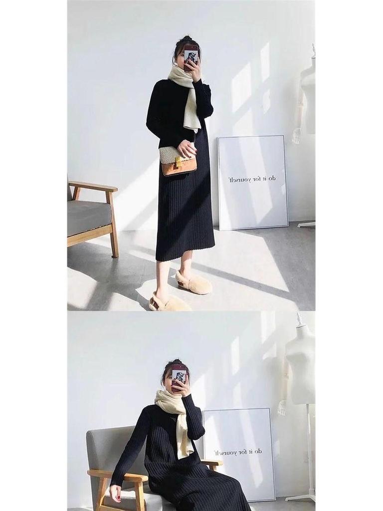 Women's Mid-Length Wool Knit Dress - Loose, Long Sleeve, Half-High Collar, Perfect for Layering Under Coats, Autumn & Winter Wear.