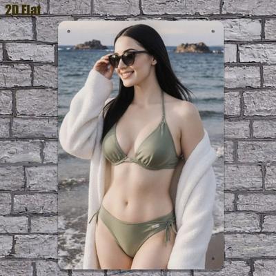 Vintage Metalowa Sztuka Ścienna w Stylu Nadmorskim Retro Scena Plażowa z Kobietą Wytrzymały Żelazny Dekor Wiszący do Domu i Biura