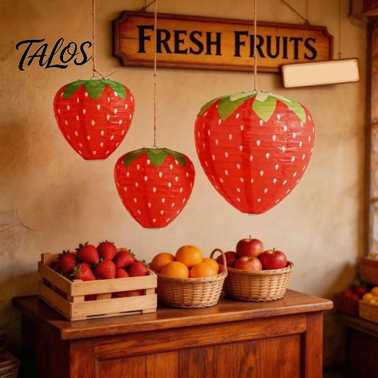 Sweet Style Event Supplies Strawberry Paper Lantern, Pink Fruit Shaped Hanging Decor for Birthday Party, Theme Party Favors Collapsible Round