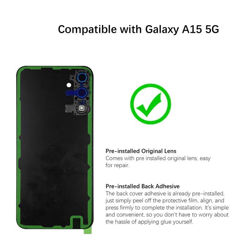 Back Glass Replacement for Samsung Galaxy A15 5G with Camera Lens, Tools Included, Rear Cover Glass
