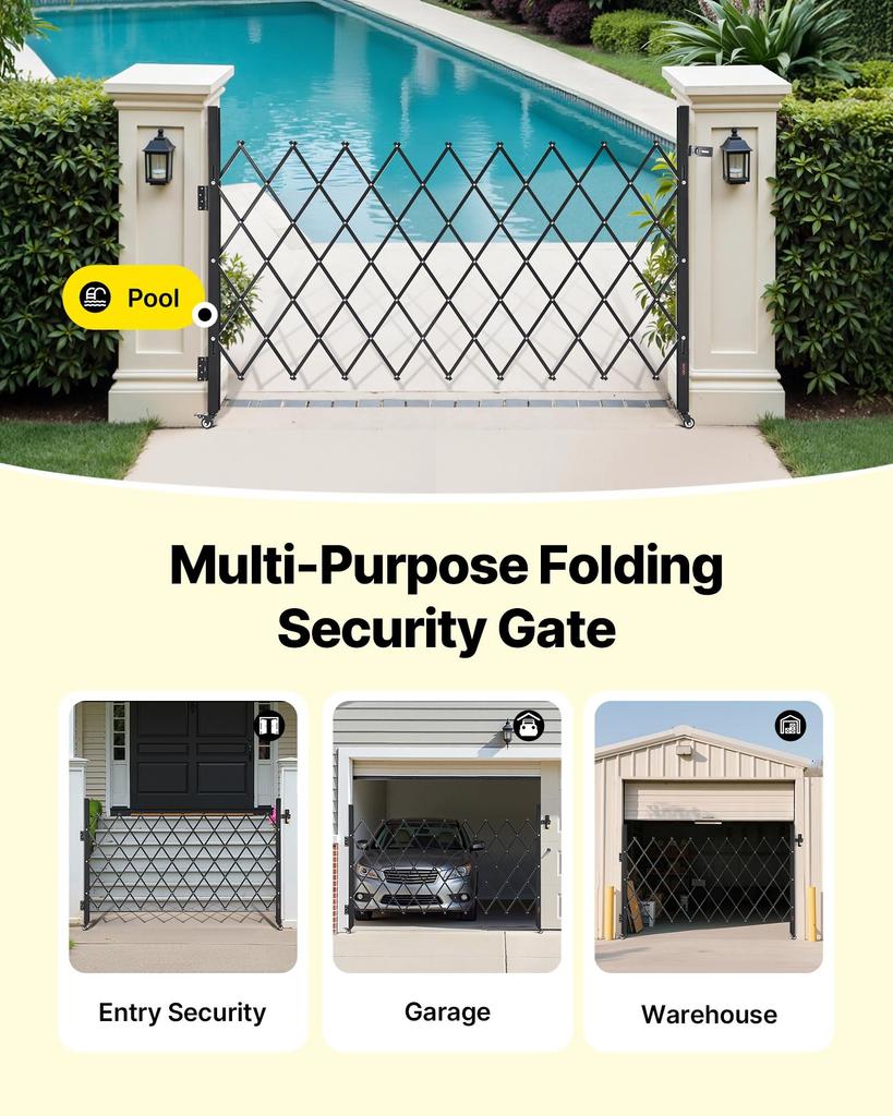 VEVOR Single Folding Security Gate, Lockable Scissor Gate with 360 degrees Swivel Casters, Outdoor Barricade Steel Retractable Gates