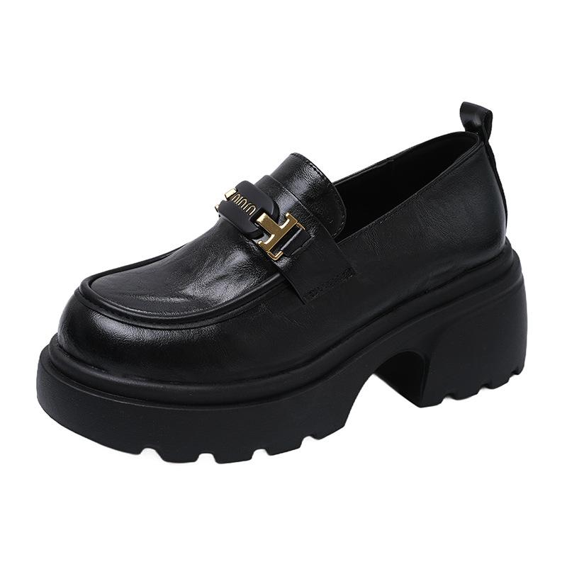 Autumn new small man height increase black women's retro British style platform small leather shoes