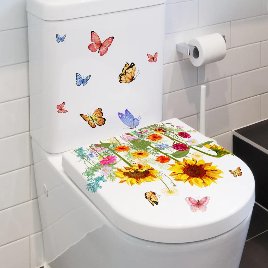 1 Sheet Butterfly Sunflower Bathroom Wall Sticker Home Decor Toilet Lid Decoration Wall Decals Waterproof Toilet Stickers Yellow