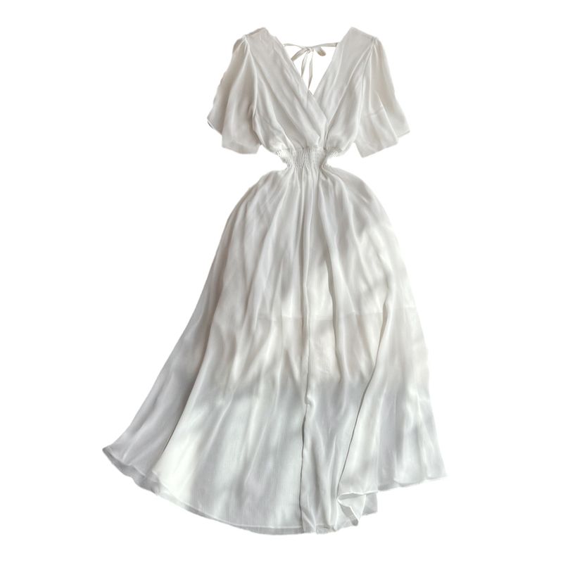 Retro V-neck Open Back A- line Large Hem Short Sleeve Dress