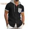 Men's Summer Hooded T-shirt Short Sleeved Button Down Tee with Chest Pocket Waffle Color Block Casual Hoodie T-shirt for Gym Street Wear