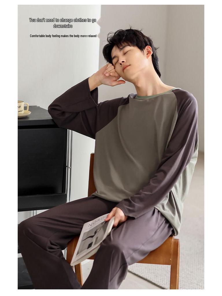 Men's Color Block Modal Pajama Set - Long Sleeve Round Neck for Stylish Spring and Autumn Wear