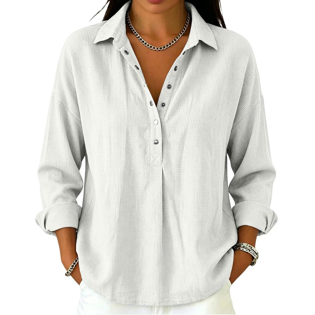 Women's Casual Long Sleeve Polo Shirt Button Front Waffle Texture Pullover Lightweight Relaxed Fit Top for Everyday Wear