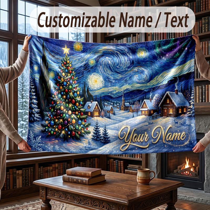 Christmas Winter Theme Throw Blanket Custom Name Text Personalized Blanket Soft Cozy Blanket for Home Sofa Bed