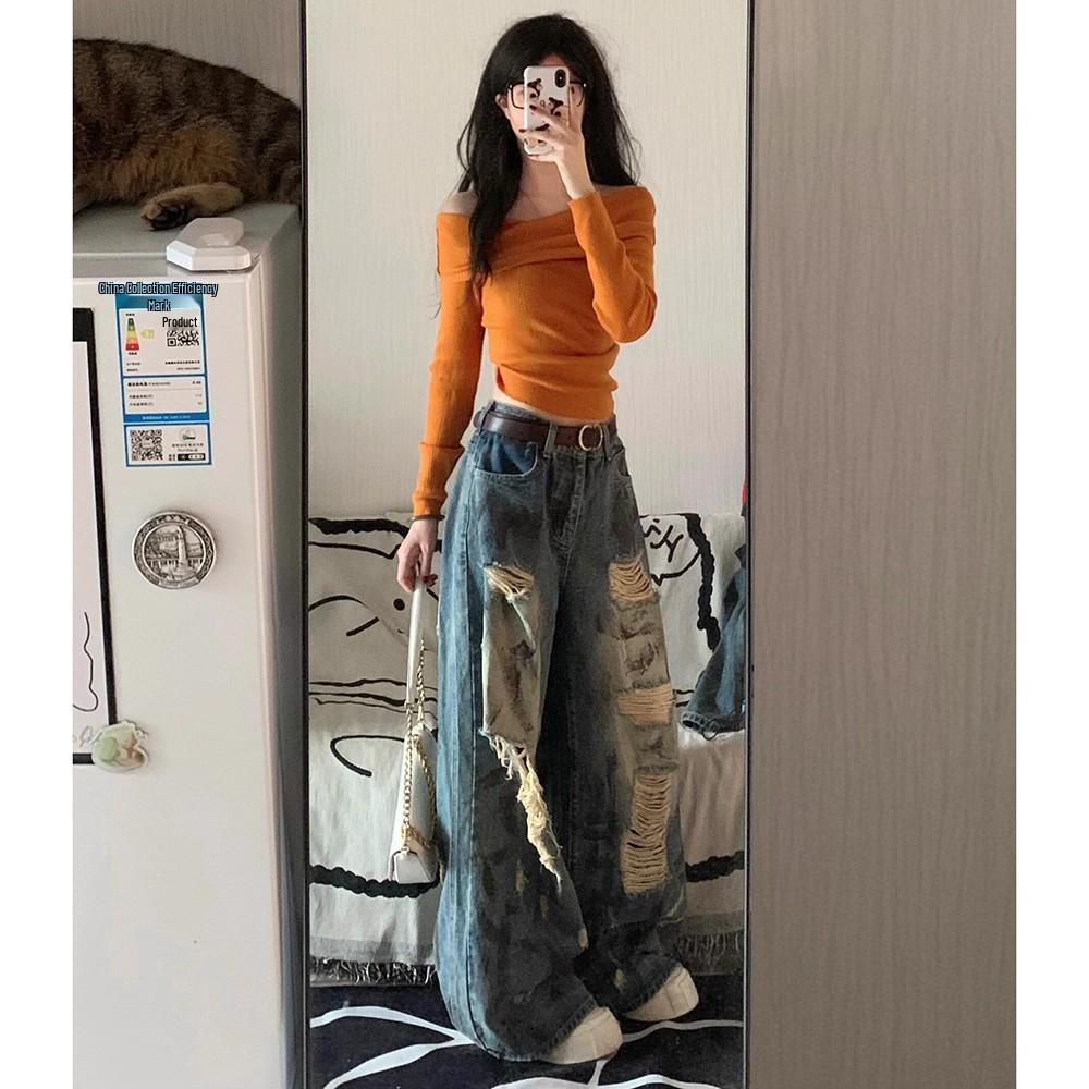 Unisex Korean Retro Wide-Leg Ripped Jeans for Kids - 2025 Autumn Collection