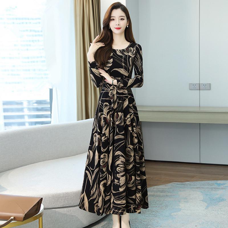 Direct supply g has pockets, autumn clothes, long sleeves, lady's mother covers her belly and looks thin, temperament, knee-length dress
