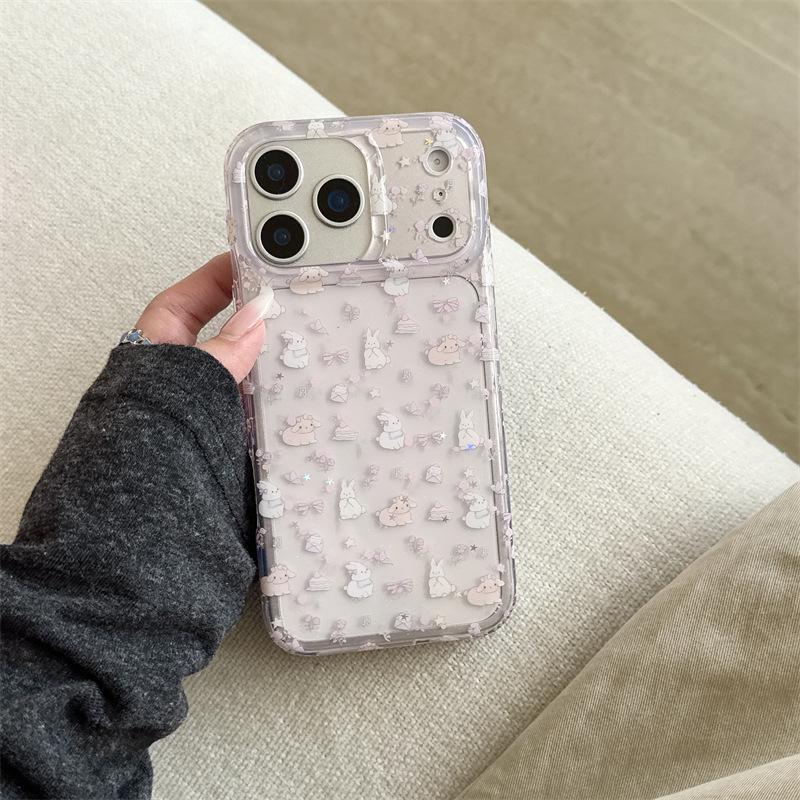 

Полупрозрачный фиолетовый чехол с цветком и кроликом для iPhone 17 Pro Max, Apple 16, 15, 14, 13 - Двойной слой, Женский стиль 15Promax