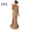 Bride Wedding Dress Women Evening V Neck Mesh Patchwork Sequin Sleeveless Split Hem Formal Attire Mermaid Shape Slim Fit Prom Party Banquet