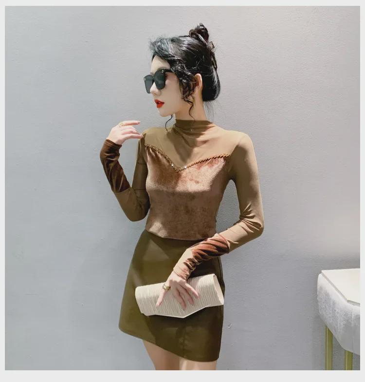 Podzimní přiléhavé tričko s korálkovou patchworkovou aplikací, polovyvýšeným límcem a dlouhým rukávem pro ženy