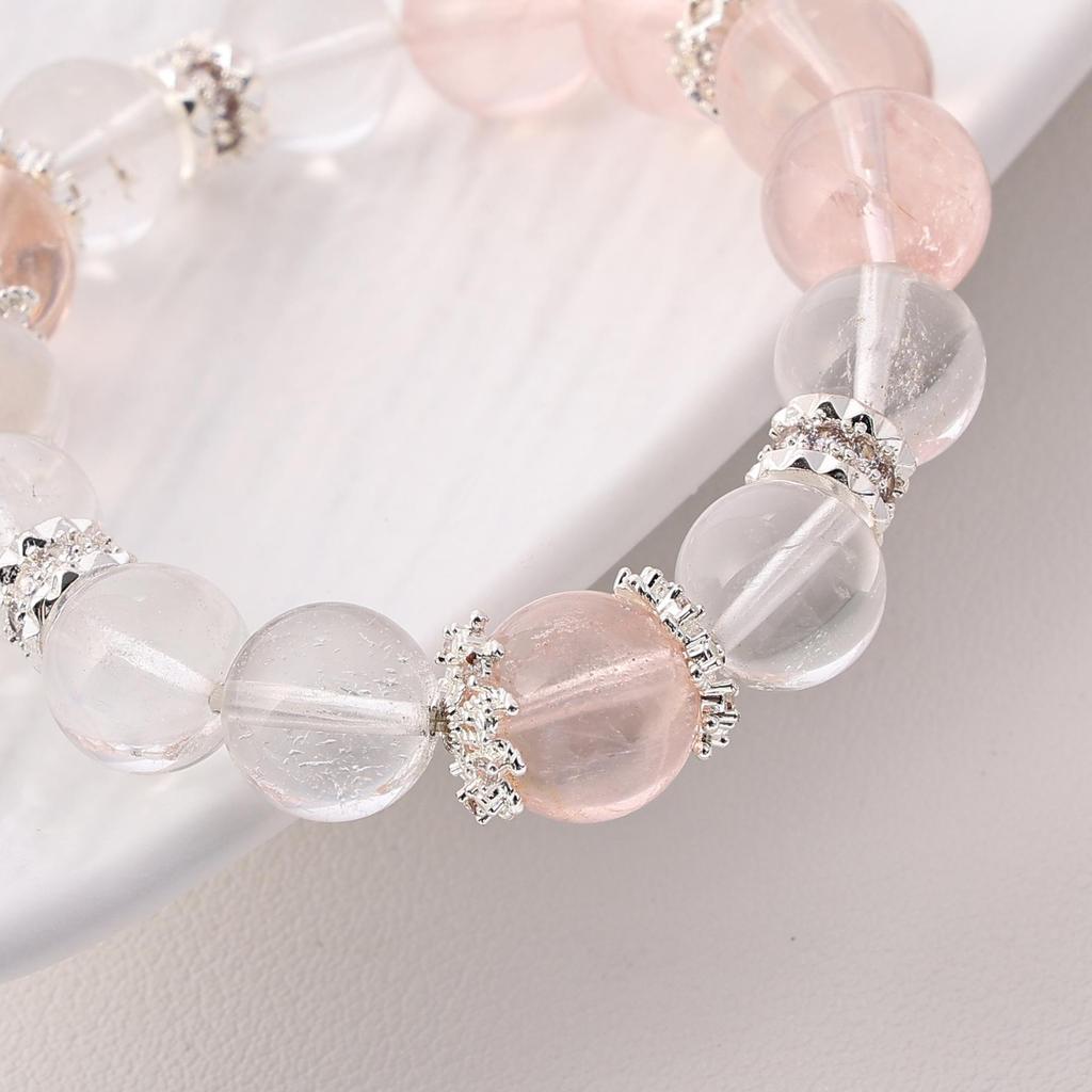 Natural Pink Quartz & White Crystal Bracelet for Girls - Sweet, Heart Design 
