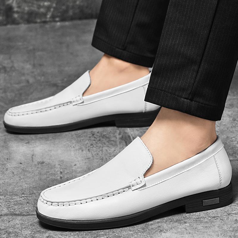 Genuine Leather Men Driving Shoes Breathable Hollow Out Lightweight White Casual Slip-On Shoes Walk Sneakers Business Work Shoes