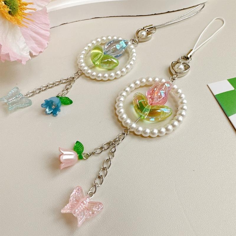 Elegancka Zawieszka do Telefonu Kwiat Motyl Koralikowy Brelok Akrylowy Dodatek do Telefonu Komórkowego Zawieszka do Torby Breloczek dla Modnych Kobiet