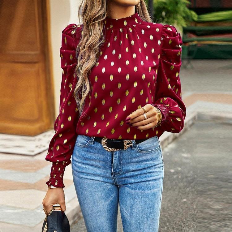 Women Loose Printed Blouses Long Sleeve Round Neck Commuting Autumn Winter