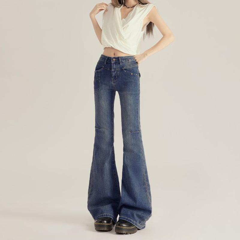Women's High Waist Flared Jeans Vintage Denim Pants Rivet Pocket Washed Slim Bell Bottom Trousers Japanese Casual Street Pants