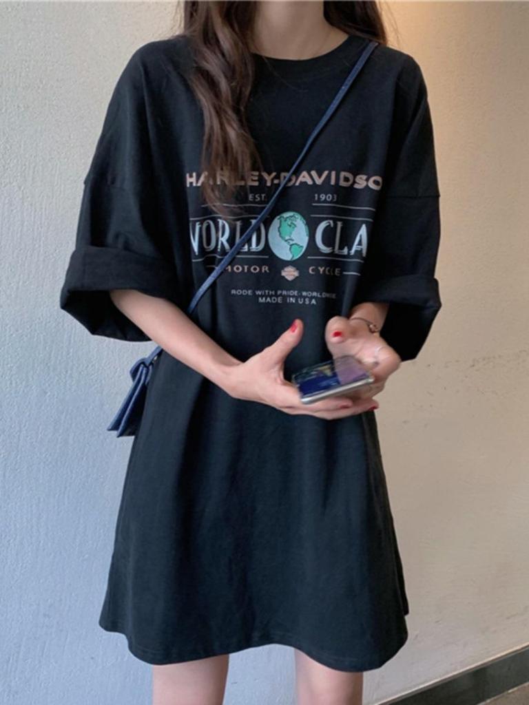 Women's Plus Size European Style Black Cotton T-Shirt - Short Sleeve, Long Summer Fit, Loose, Extra Large