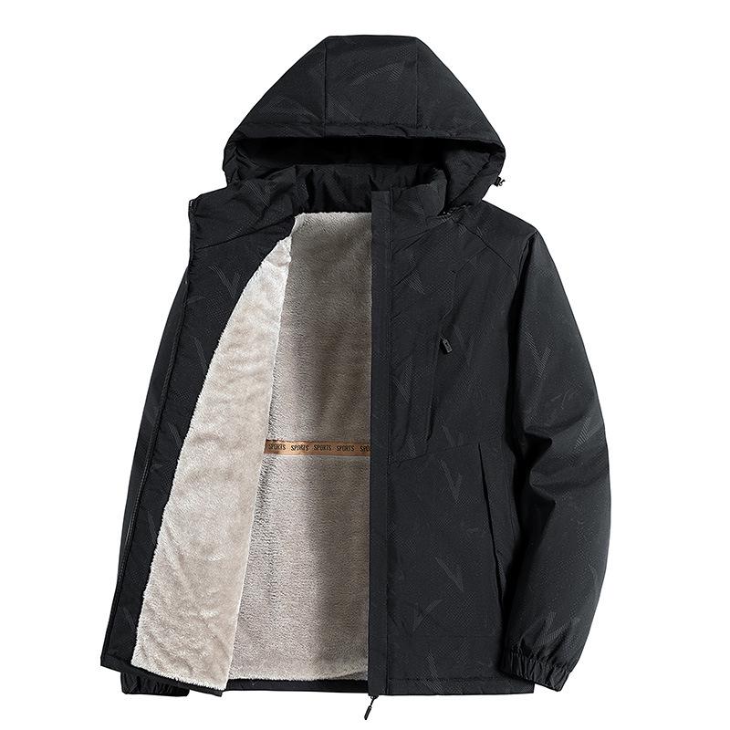 Men's Windproof Waterproof Hooded Jacket with Velvet Lining for Autumn & Winter