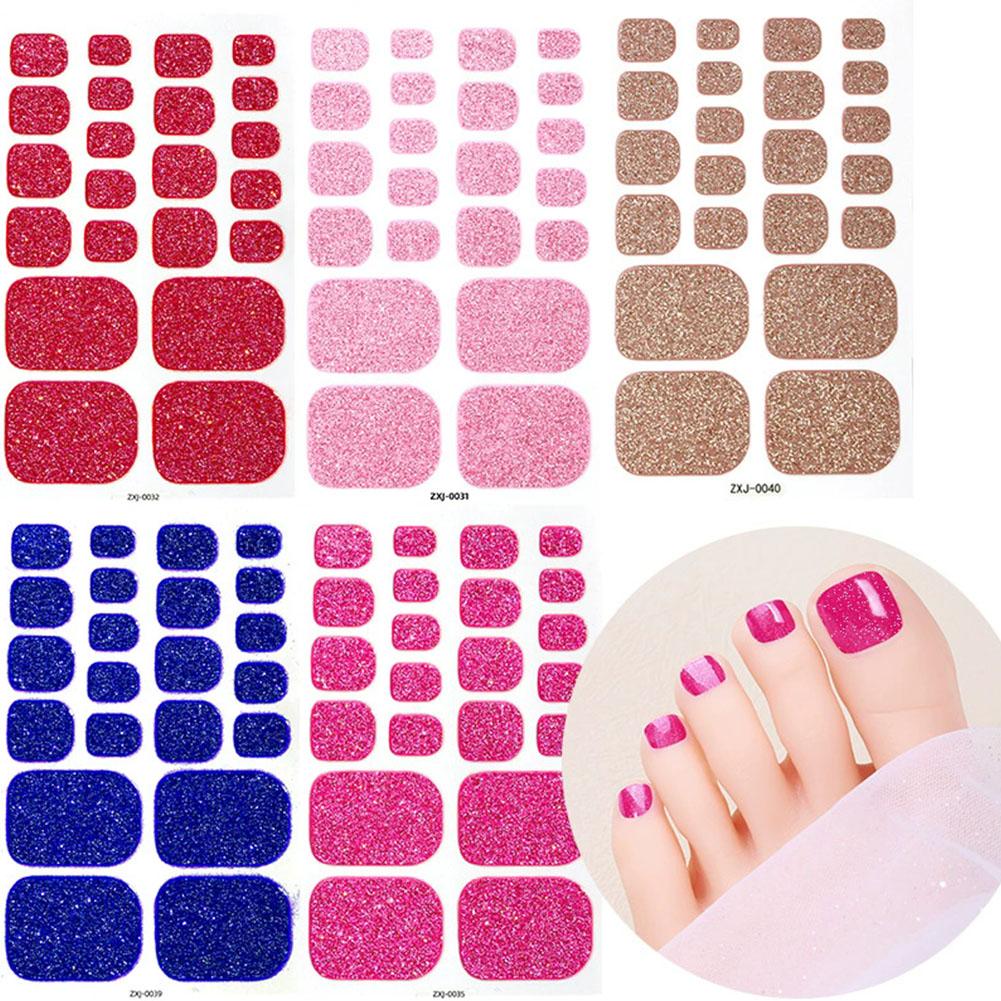22Tips Vibrant Glitter Toenail Stickers Solid Color Full Cover Toenail Polish Strips Summer Self Adhesive DIY Foot Decals
