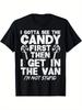 Funny 'I Must See Candy' Graphic T-Shirt Tee with Candy and Van Design, Casual Outings and Family Activities, Breathable 80sm Fabric, Crew Neck - Blac