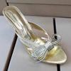 Fashion Sexy Gold Bow Decoration High Heel Slipper Women Elegant Pointed Toe Thin Heel Slide Sandal Fashion Banquet Designer Dress Shoes