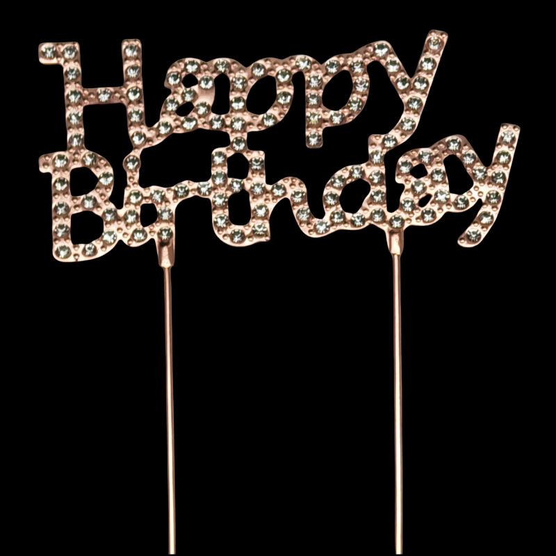 New Alloy Rhinestone Golden Silver Happy Birthday Love Cake Topper for Birthday Wedding Party Cake Decoration Supplies