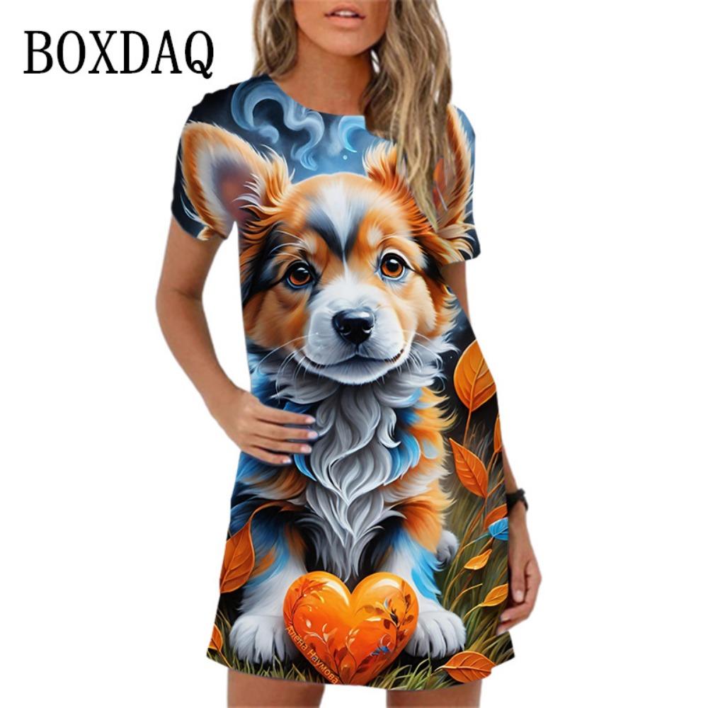 Cute cartoon animal print women's casual dog cat short sleeved mini dress summer new women's dress vest