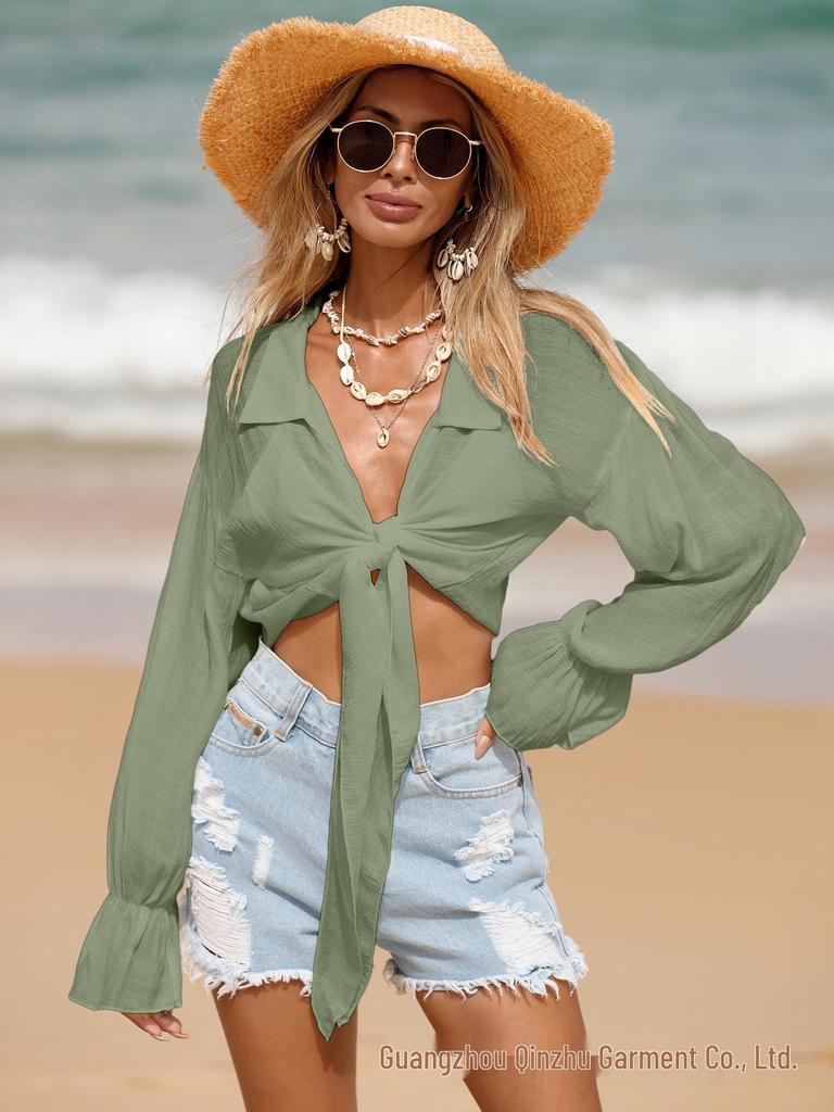 Long-Sleeve Bamboo Cotton Beach Cover-Up with Front Tie for Women