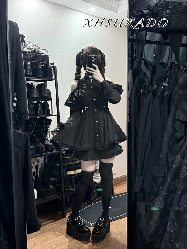 Cute Heart Long Detachable Ribbon Lolita Size L [XHSUKADO] Women's Open-Shoulder Dress, Back, Stand-Up Collar, Sleeves, Brooch, Ruffles, Lace, A-Line,