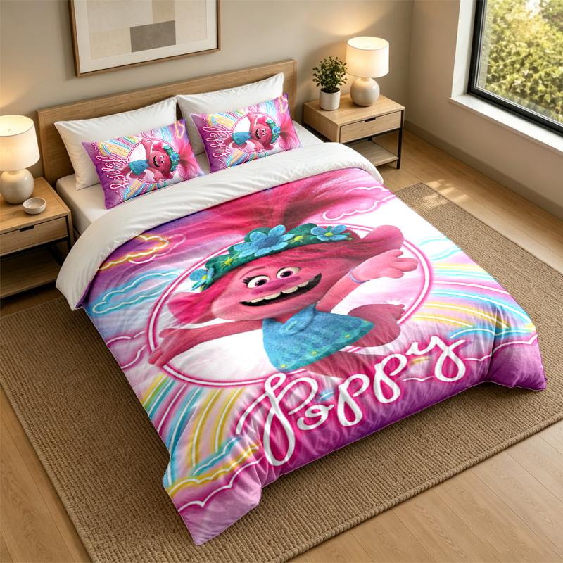 Soft Bedding Set Trolls Pattern, 1 Duvet Cover plus 2 Pillowcases Stylish Bedroom Home Textile