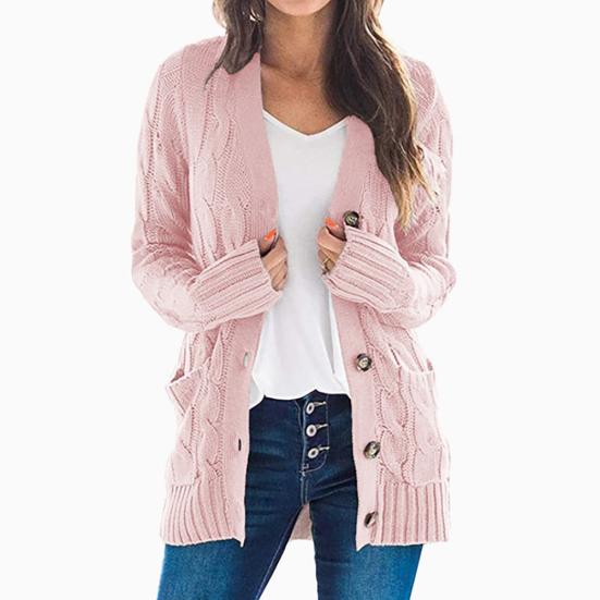 Women Autumn Open Front Knitted Cardigan Sweater Button Pockets Outwear Coat