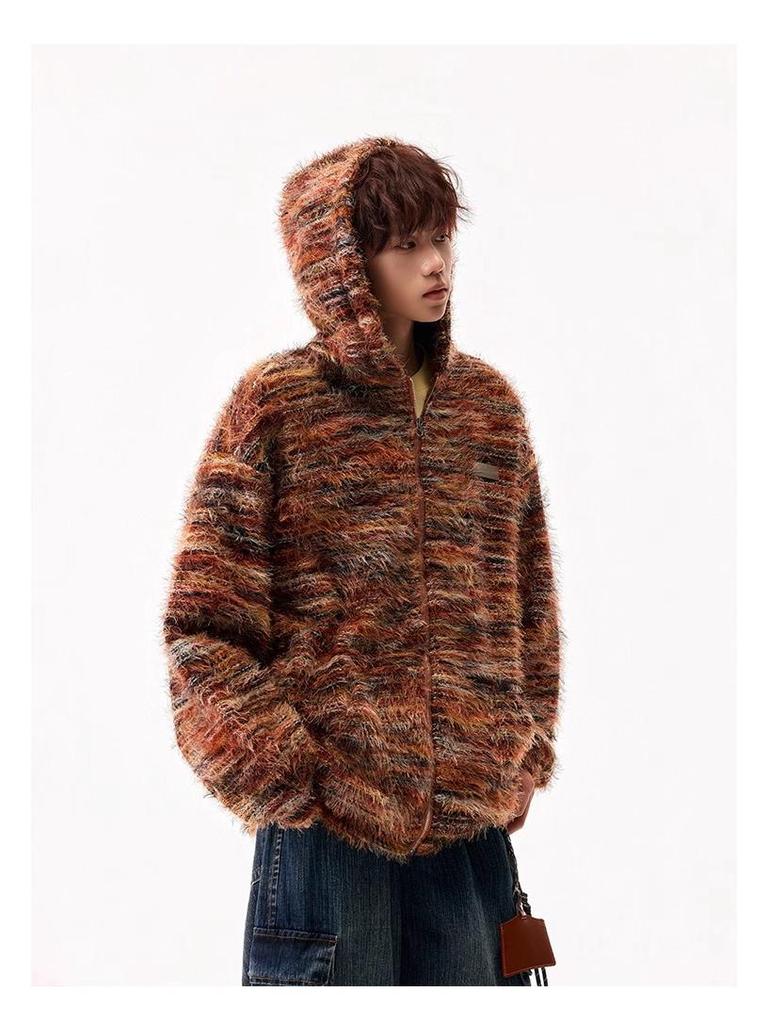 Unisex Gradient Striped Hooded Sweatshirt - Retro Winter Cardigan Style with Oil Painting Knit Design