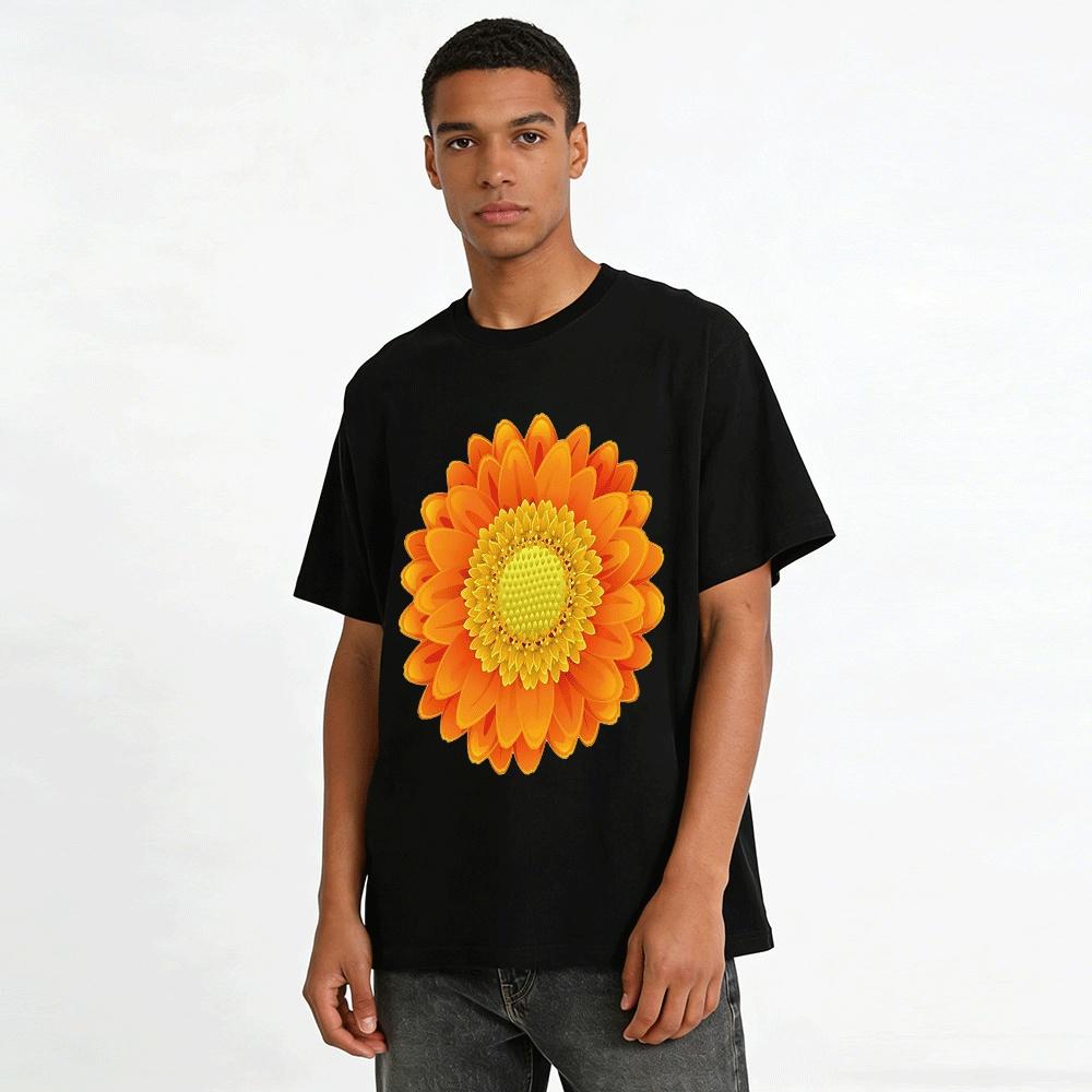 T-shirt Casual Girocollo Manica Corta con Stampa Gerbera Arancione Vivace T-shirt in Puro Cotone