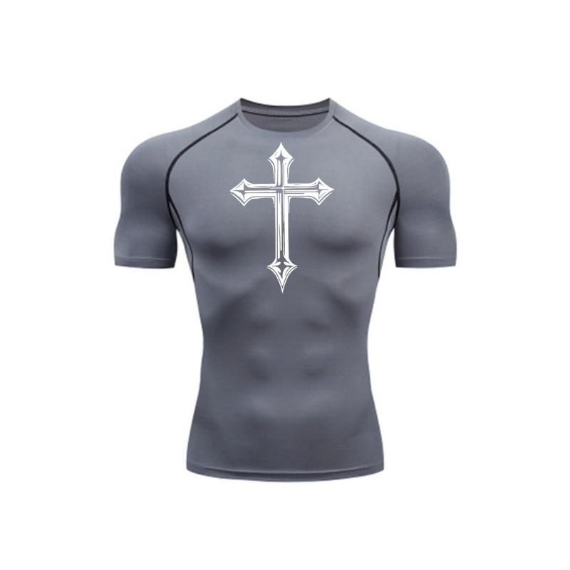 Men's Compression Shirt Quick Dry Gray Gym T-Shirt White Gothic Cross Print Workout Sportswear