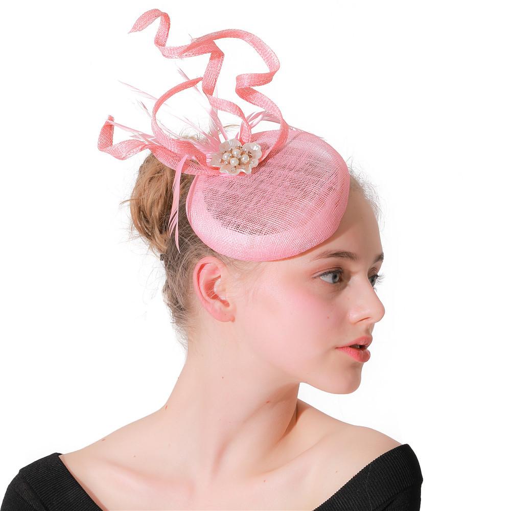 

Handmade Hemp Yarn Feather Top Hat European And American Simple Style Feather Hairpin Top Hat Ball Banquet Headdress розовый
