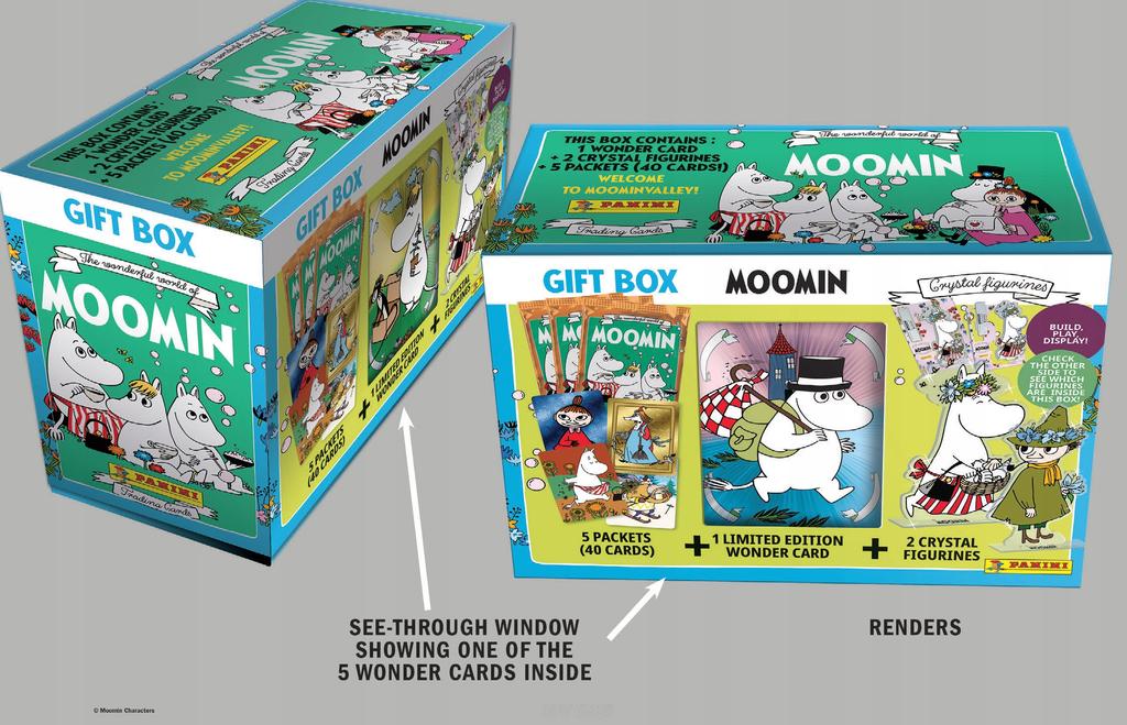 Panini muminki scatola regalo 5 bustine = 40 carte + 2 statuette di cristallo