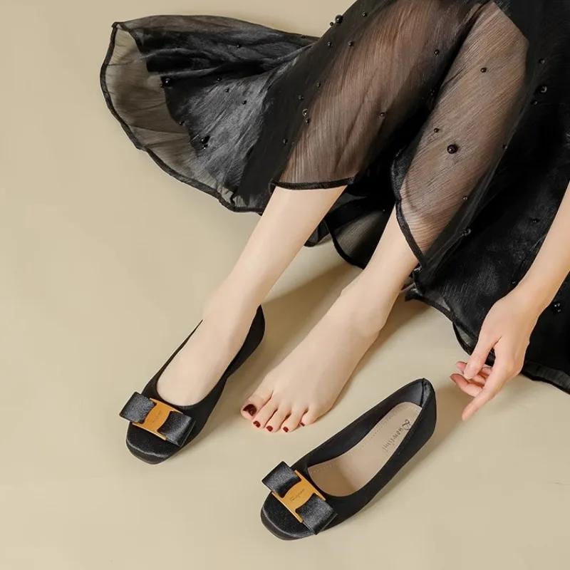 

Fashion 2025 Summer Hot Sale Women s Square Toe Flats Soft Sole Casual Shoes Metal Decoration Bow Tie Slip on With Daily Outdoor Flats 35 чёрный