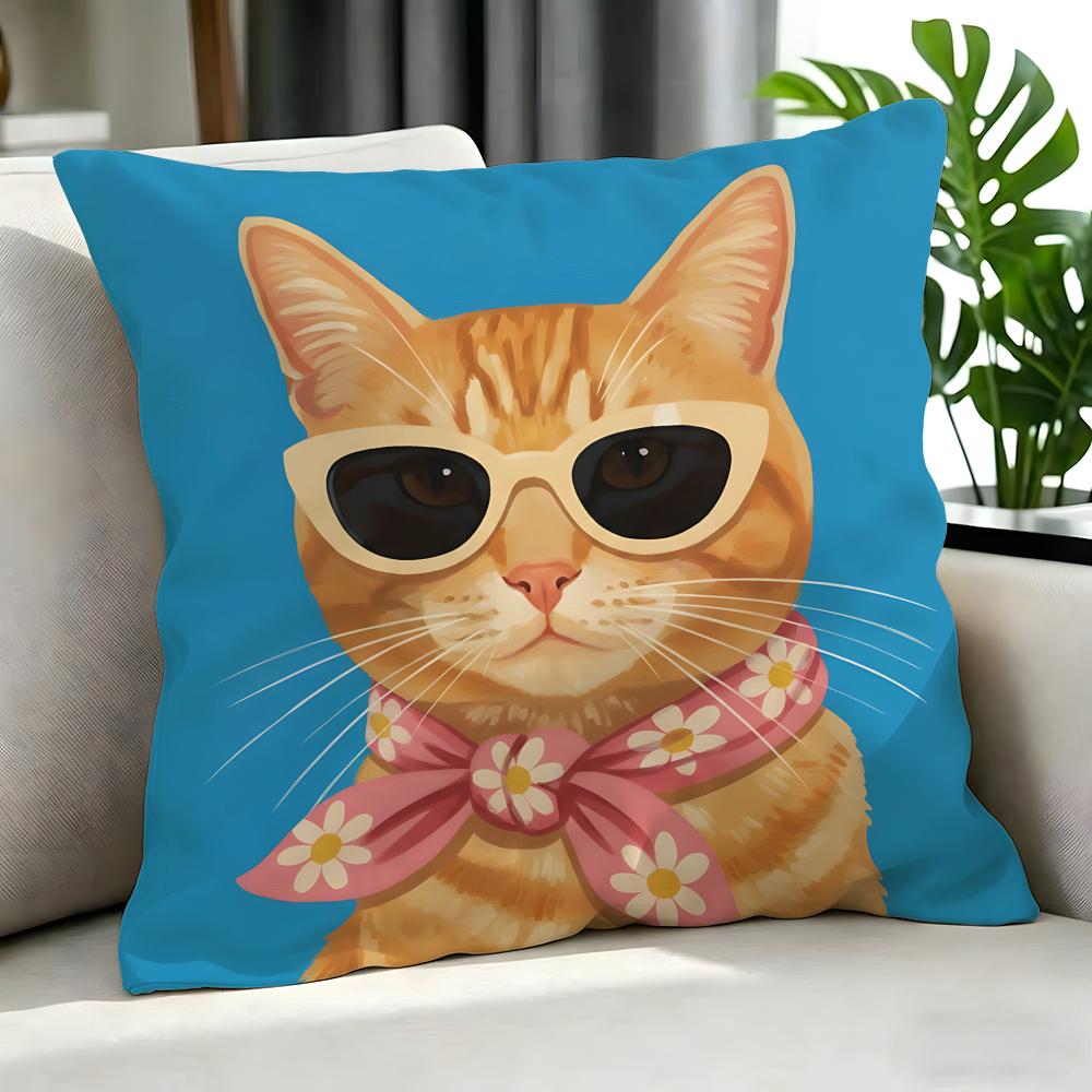 Cute A Cat With Glasses Cushion Cover Cushion Cover Set 4Pcs 50X50 45X45 40X40 Pillowcase Decorative Sofa Home Decor
