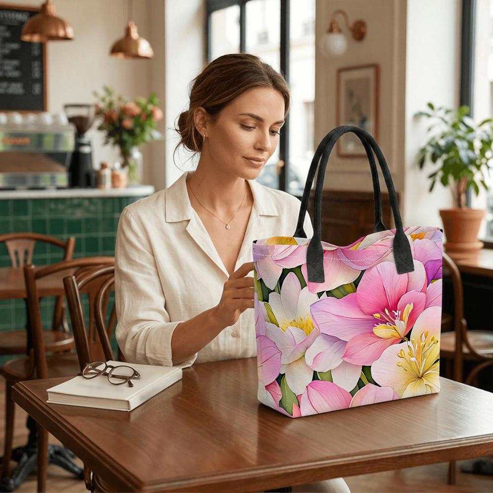 Floral Print Canvas Tote Bag Large Capacity Daily Shoulder Handbag for Shopping Travel
