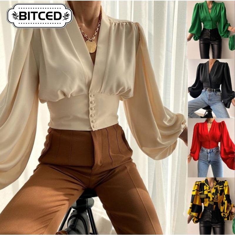 BITCED Women's Fashion Casual Long Sleeve V Neck Blouses & Shirts Unique Design