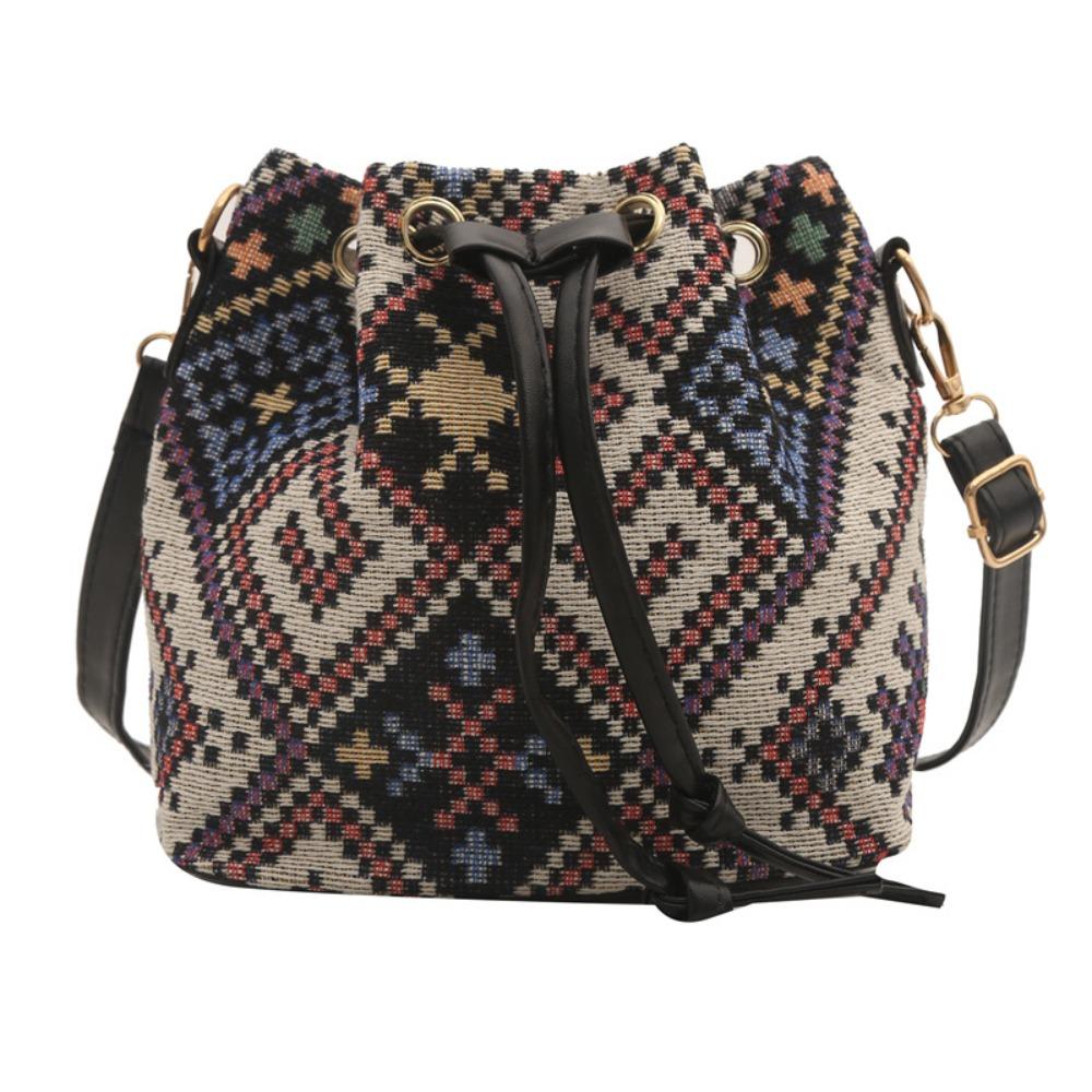 Modische Leinenstoff Eimer Tasche Blumenmuster Verstellbarer Kordelzug Schultertasche Ethnischer Stil Umhängetasche Damenmode