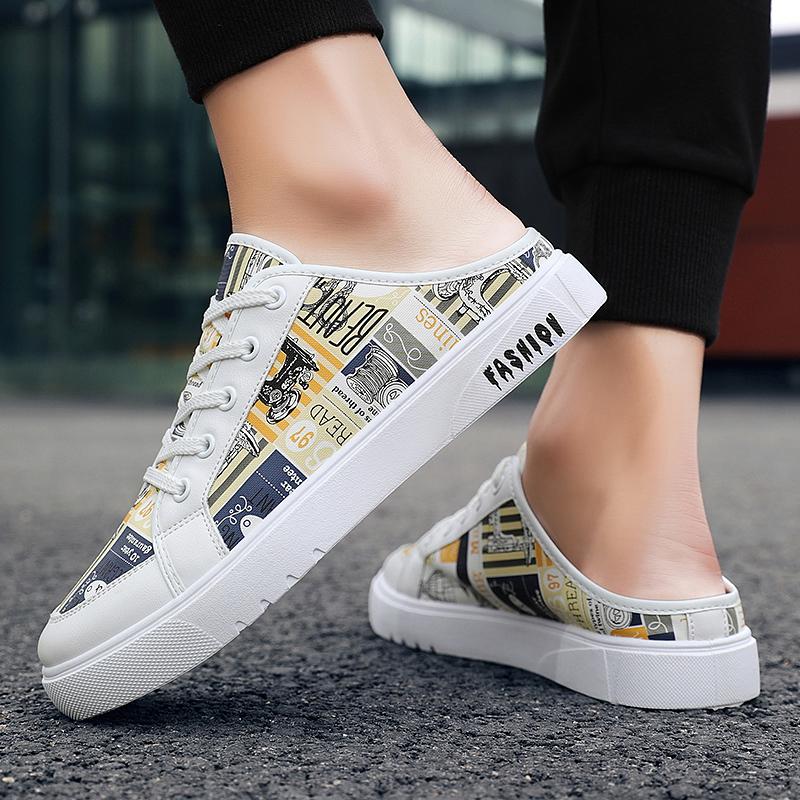 Closed Toe Sandals Half Shoes For Men Mules Canvas Flat Board Shoes Backless Loafers Slippers Man Slides Semi-Drag Casual Shoes