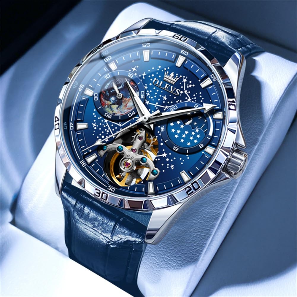 OLEVS Men's Cool Starry Sky Wristwatch, Automatic Mechanical Movement, Luxury Leather Strap, Skeleton Design, Waterproof…